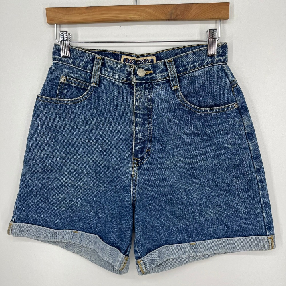 Exchange Unlimited Vintage High Waisted Cuffed Denim Shorts Blue Size 6 90s